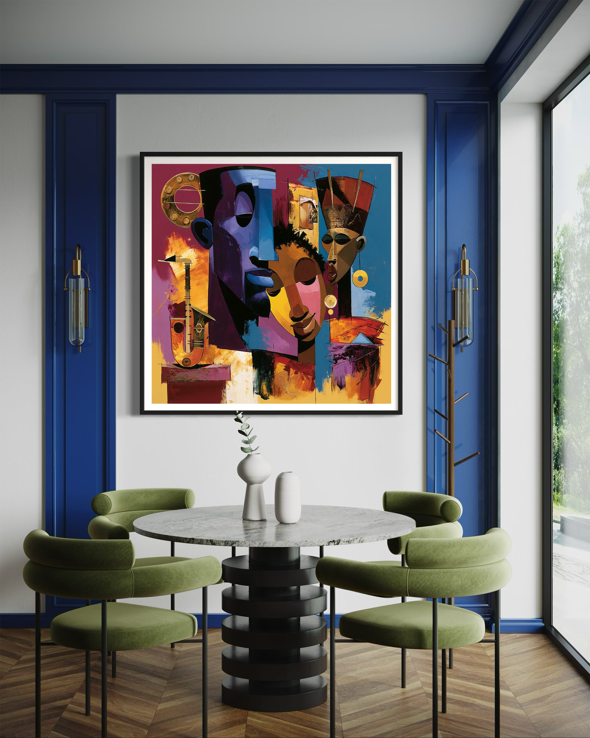 Abstract Afrocentric jazz musicians art print featuring African-inspired musicians in a colorful contemporary composition with bold shapes, expressive movement, and vibrant cultural themes.