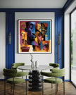 Abstract Afrocentric jazz musicians art print featuring African-inspired musicians in a colorful contemporary composition with bold shapes, expressive movement, and vibrant cultural themes.