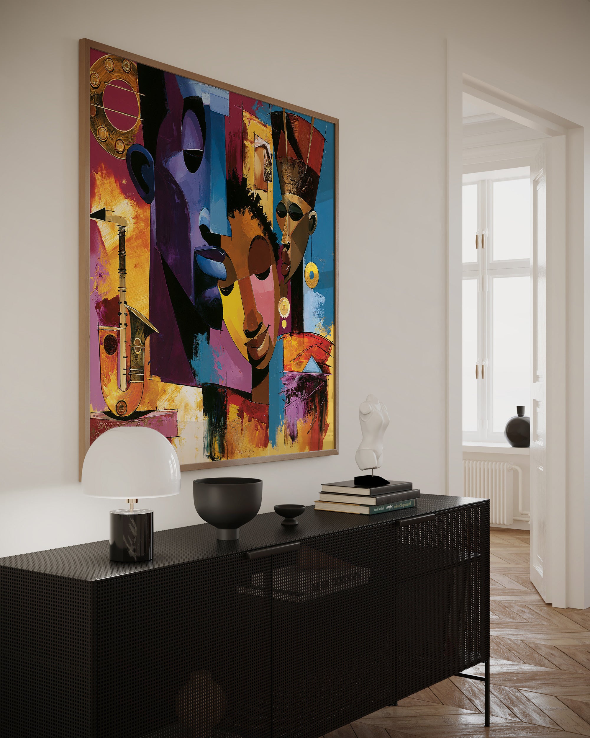 Abstract Afrocentric jazz musicians art print featuring African-inspired musicians in a colorful contemporary composition with bold shapes, expressive movement, and vibrant cultural themes.