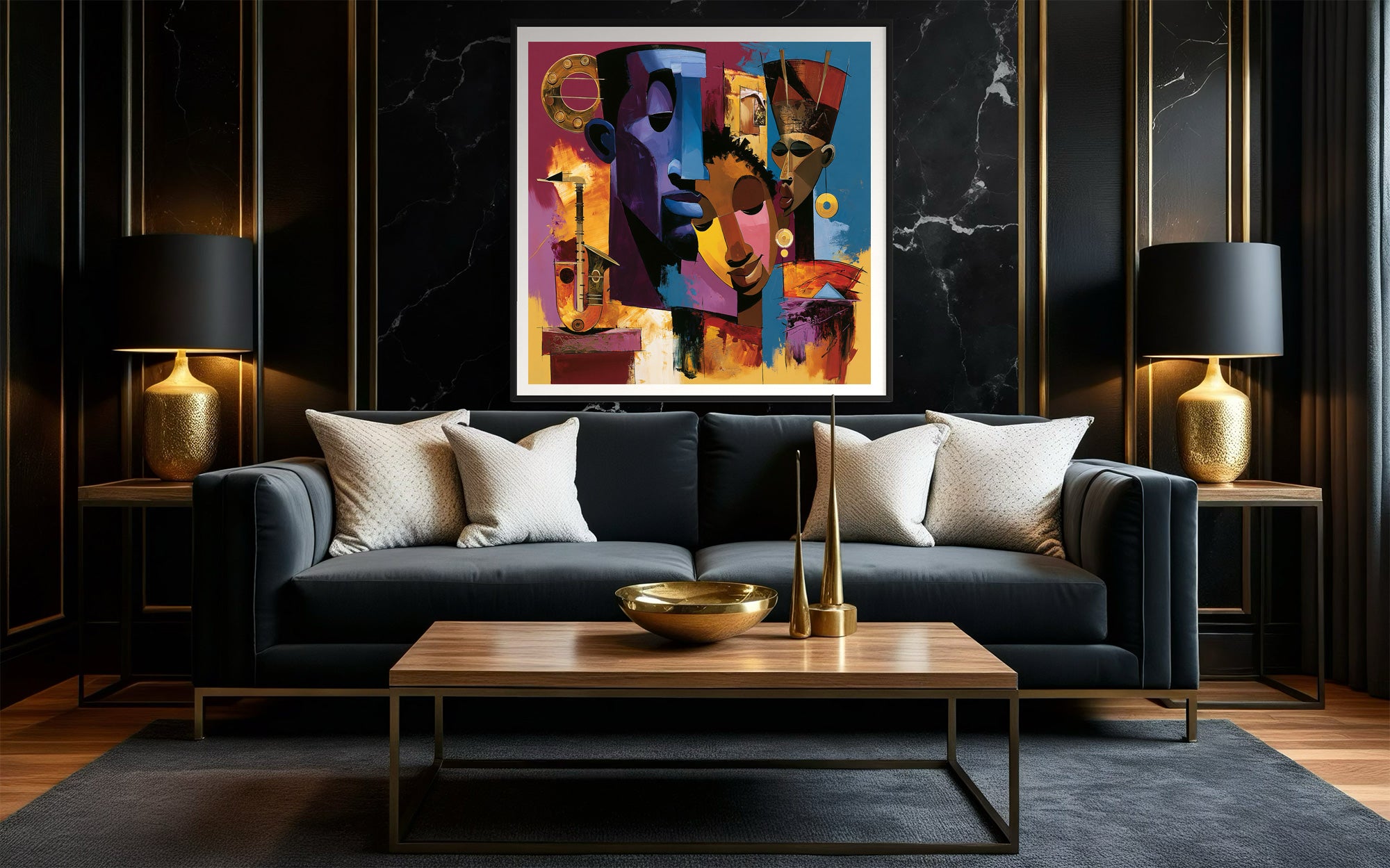 Abstract Afrocentric jazz musicians art print featuring African-inspired musicians in a colorful contemporary composition with bold shapes, expressive movement, and vibrant cultural themes.