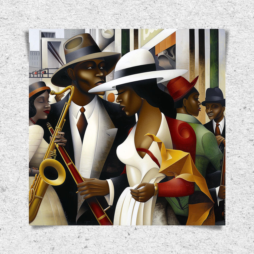 Jazz Musicians Art Print featuring African American performers in an abstract Bauhaus-inspired Afrocentric style. Vibrant Harlem Renaissance wall art celebrating music, culture, and artistic expression.