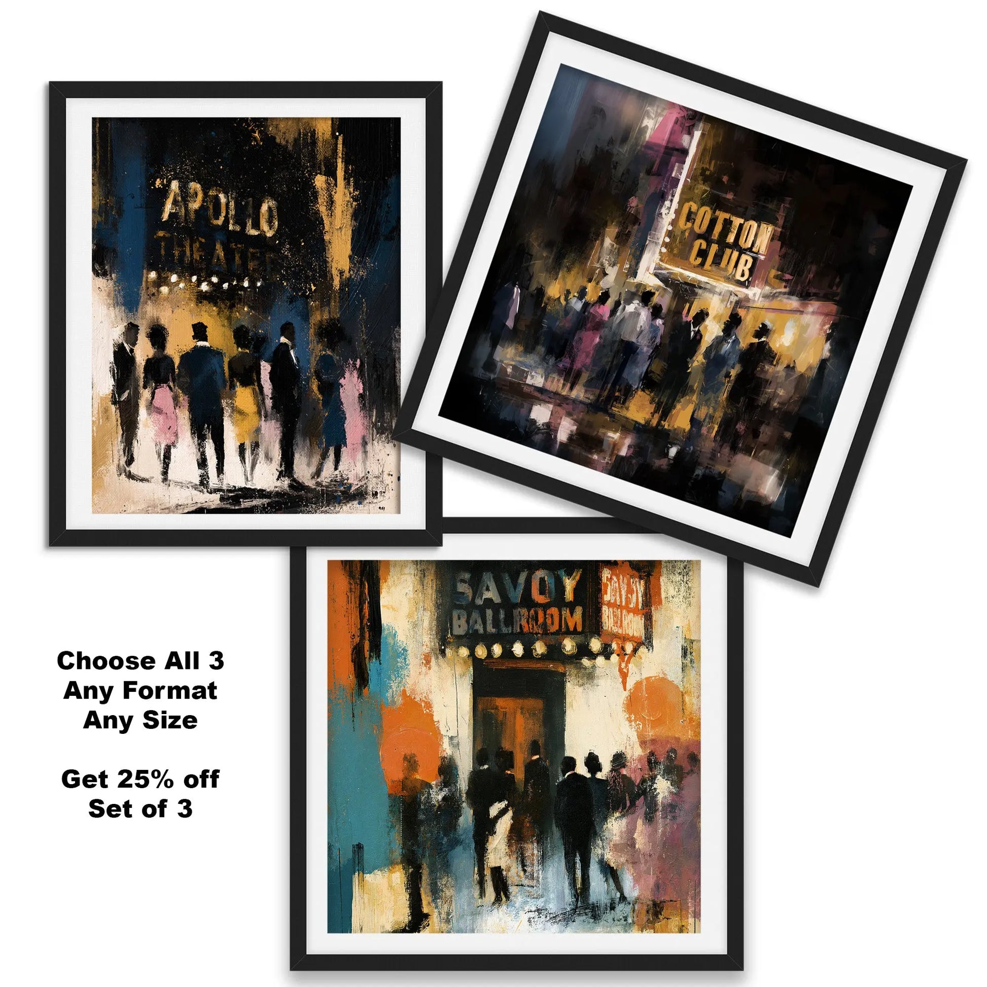 Three-piece Harlem Renaissance gallery wall featuring the Cotton Club, Savoy Ballroom, and Apollo Theater illuminated at night in an abstract Afrocentric artistic style.