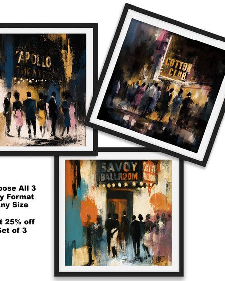 Three-piece Harlem Renaissance gallery wall featuring the Cotton Club, Savoy Ballroom, and Apollo Theater illuminated at night in an abstract Afrocentric artistic style.