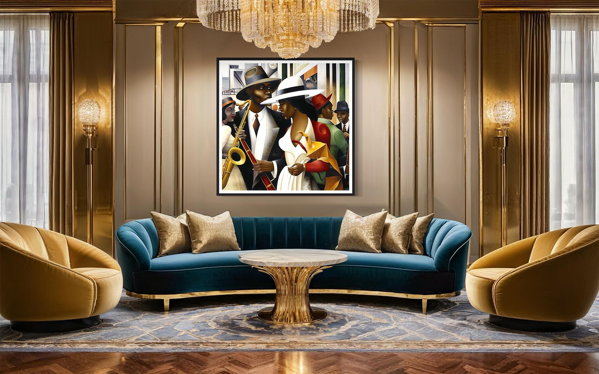 Jazz Musicians Art Print featuring African American performers in an abstract Bauhaus-inspired Afrocentric style. Vibrant Harlem Renaissance wall art celebrating music, culture, and artistic expression.