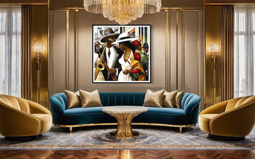 Jazz Musicians Art Print featuring African American performers in an abstract Bauhaus-inspired Afrocentric style. Vibrant Harlem Renaissance wall art celebrating music, culture, and artistic expression.