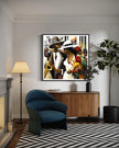 Jazz Musicians Art Print featuring African American performers in an abstract Bauhaus-inspired Afrocentric style. Vibrant Harlem Renaissance wall art celebrating music, culture, and artistic expression.