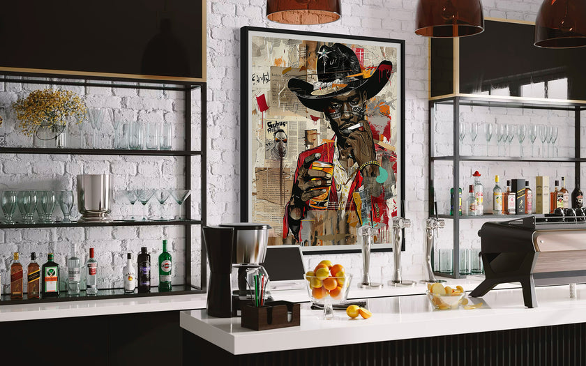 Black Cowboy Pop Art Print featuring a stylish African American cowboy in an edgy graffiti pop art style. Afrocentric Western wall decor with bold colors and textured street art design.