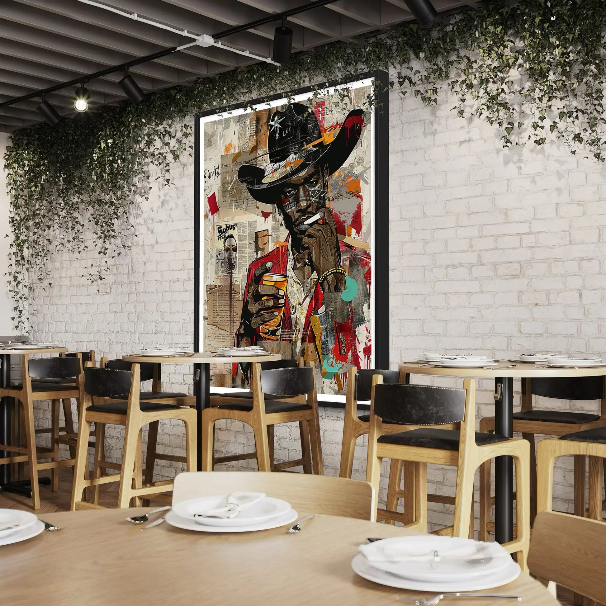 Black Cowboy Pop Art Print featuring a stylish African American cowboy in an edgy graffiti pop art style. Afrocentric Western wall decor with bold colors and textured street art design.