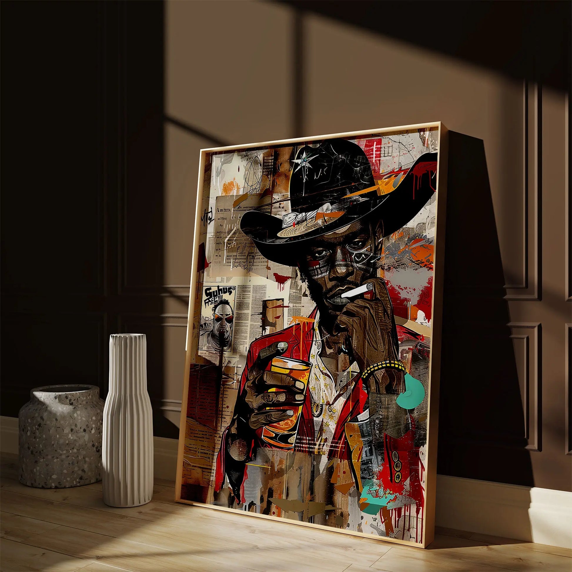 Black Cowboy Pop Art Print featuring a stylish African American cowboy in an edgy graffiti pop art style. Afrocentric Western wall decor with bold colors and textured street art design.