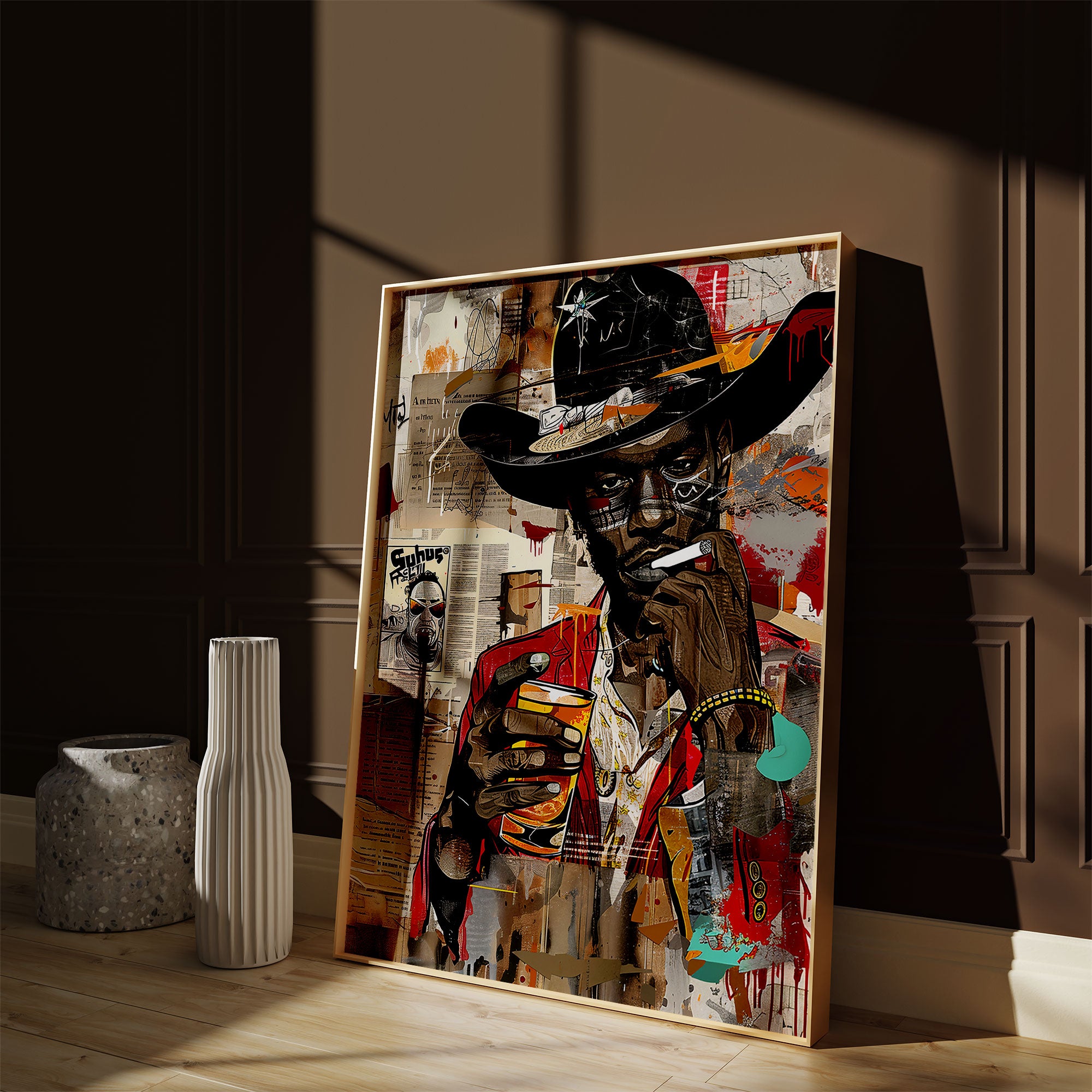 Black Cowboy Pop Art Print featuring a stylish African American cowboy in an edgy graffiti pop art style. Afrocentric Western wall decor with bold colors and textured street art design.