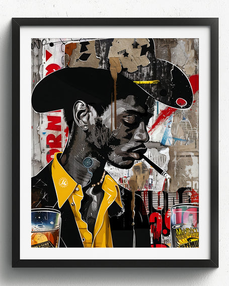 African American Cowboy Pop Art Print featuring a stylish Black cowboy in graffiti pop art style with bold colors and urban textures. Afrocentric Western-inspired artwork celebrating strength, culture, and individuality.