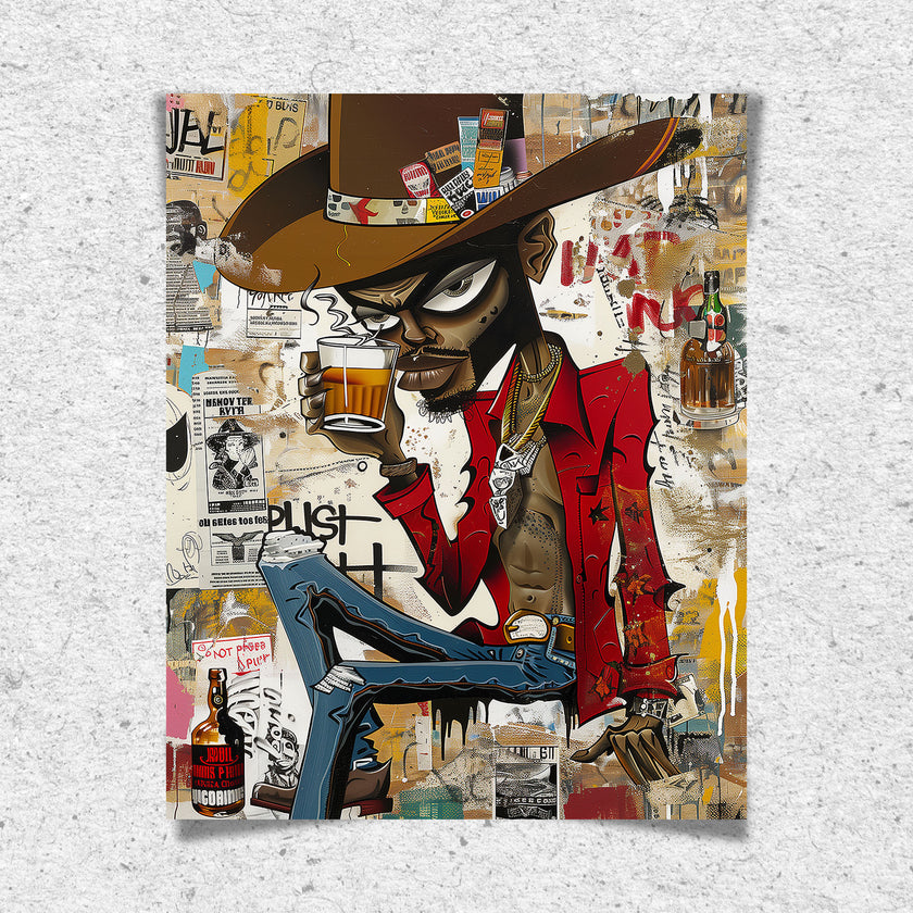 Cartoon Character Urban Black Cowboy Pop Art Print featuring an African American cowboy drinking whiskey. Afrocentric urban Western wall art in bold graffiti-inspired colors and textures.