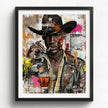 Urban Black Cowboy Art Print featuring a stylish African American cowboy in an edgy graffiti pop art style. Afrocentric Western wall decor with bold colors and textured street art design.