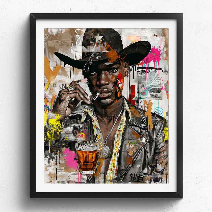 Urban Black Cowboy Art Print featuring a stylish African American cowboy in an edgy graffiti pop art style. Afrocentric Western wall decor with bold colors and textured street art design.