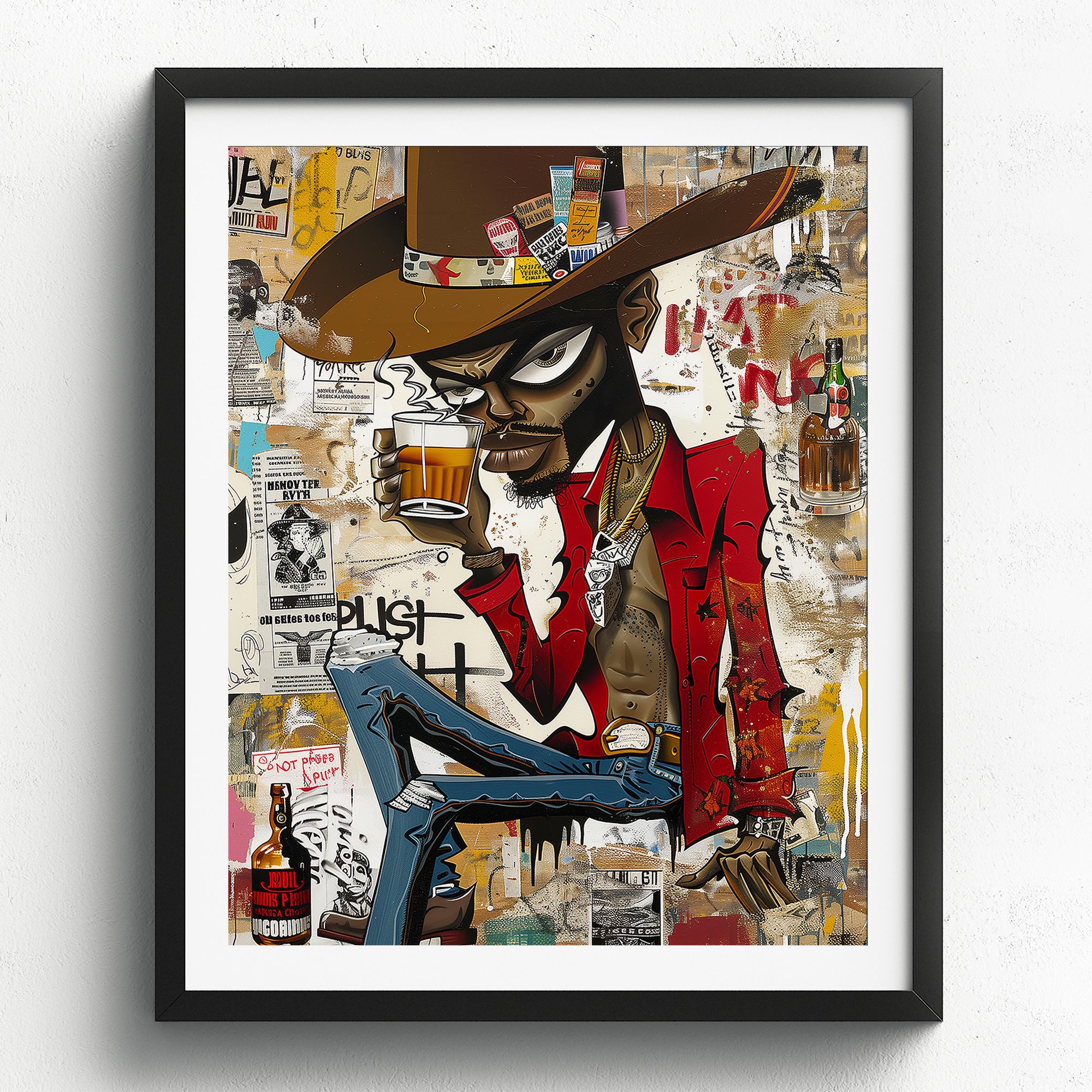 Cartoon Character Urban Black Cowboy Pop Art Print featuring an African American cowboy drinking whiskey. Afrocentric urban Western wall art in bold graffiti-inspired colors and textures.