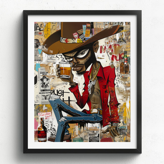 Cartoon Character Urban Black Cowboy Pop Art Print featuring an African American cowboy drinking whiskey. Afrocentric urban Western wall art in bold graffiti-inspired colors and textures.