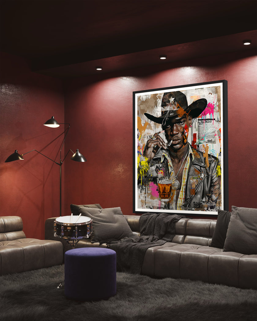 Urban Black Cowboy Art Print featuring a stylish African American cowboy in an edgy graffiti pop art style. Afrocentric Western wall decor with bold colors and textured street art design.