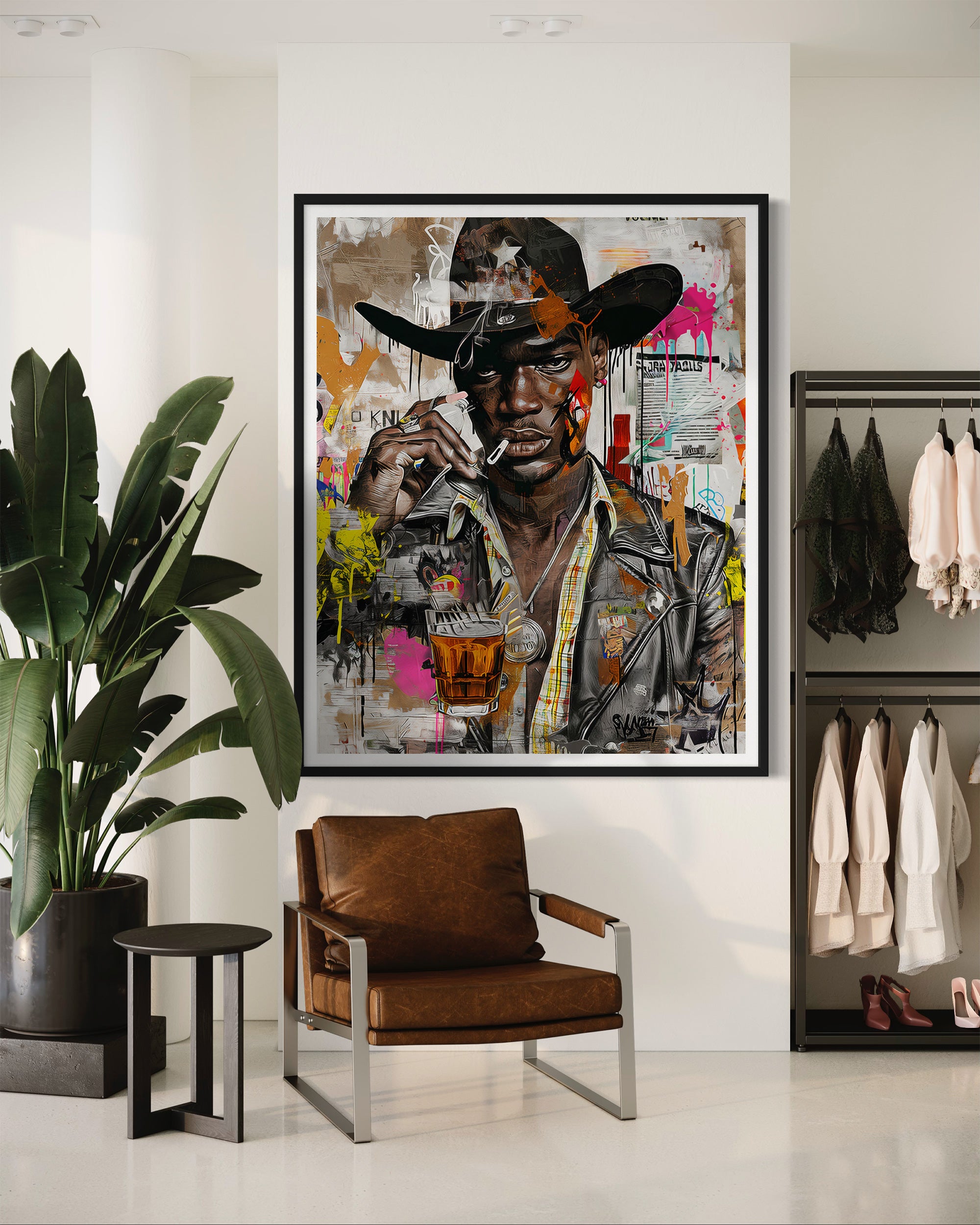 Urban Black Cowboy Art Print featuring a stylish African American cowboy in an edgy graffiti pop art style. Afrocentric Western wall decor with bold colors and textured street art design.