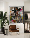 Urban Black Cowboy Art Print featuring a stylish African American cowboy in an edgy graffiti pop art style. Afrocentric Western wall decor with bold colors and textured street art design.