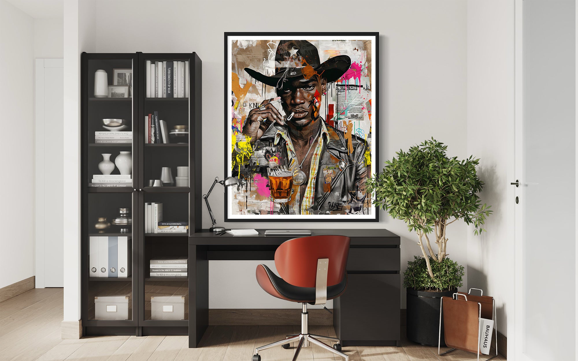 Urban Black Cowboy Art Print featuring a stylish African American cowboy in an edgy graffiti pop art style. Afrocentric Western wall decor with bold colors and textured street art design.