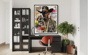 Urban Black Cowboy Art Print featuring a stylish African American cowboy in an edgy graffiti pop art style. Afrocentric Western wall decor with bold colors and textured street art design.