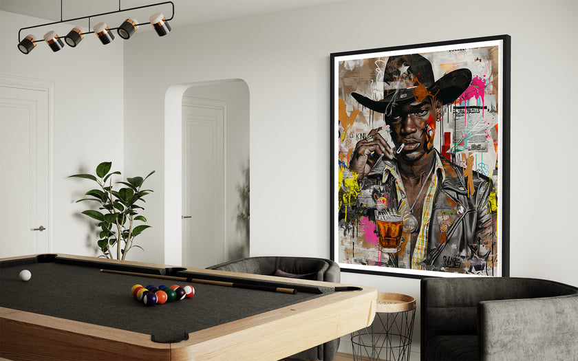 Urban Black Cowboy Art Print featuring a stylish African American cowboy in an edgy graffiti pop art style. Afrocentric Western wall decor with bold colors and textured street art design.