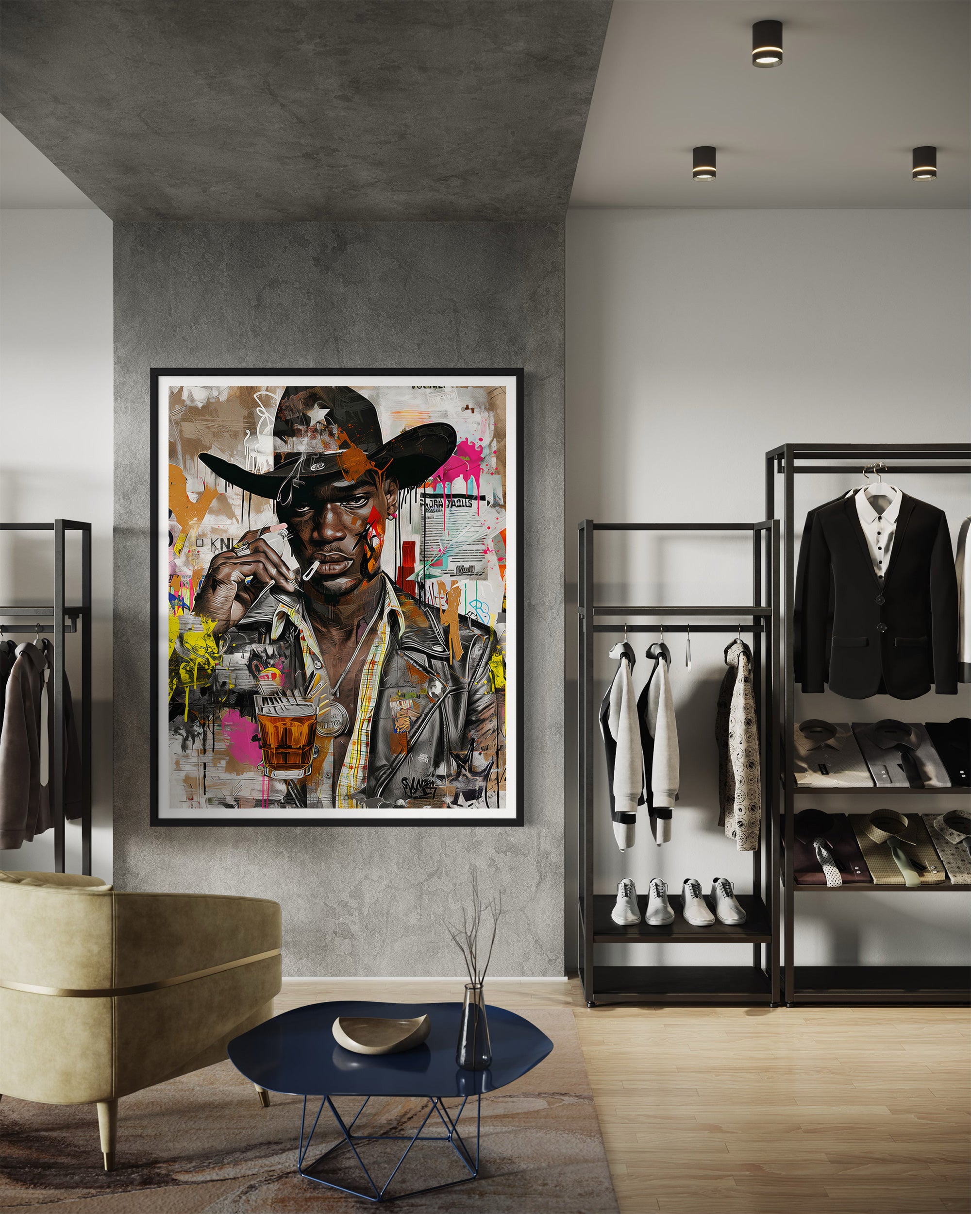 Urban Black Cowboy Art Print featuring a stylish African American cowboy in an edgy graffiti pop art style. Afrocentric Western wall decor with bold colors and textured street art design.