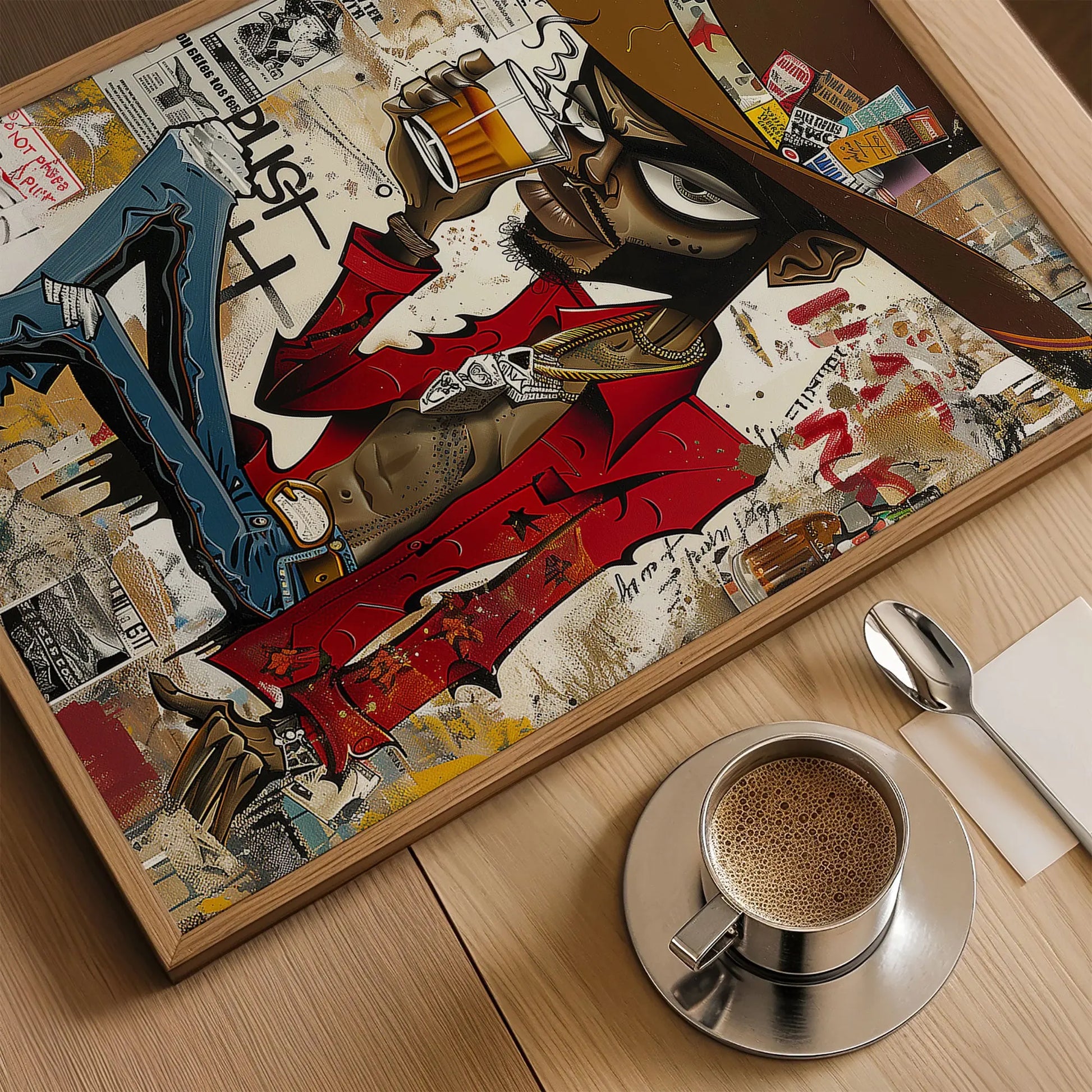 Cartoon Character Urban Black Cowboy Pop Art Print featuring an African American cowboy drinking whiskey. Afrocentric urban Western wall art in bold graffiti-inspired colors and textures.