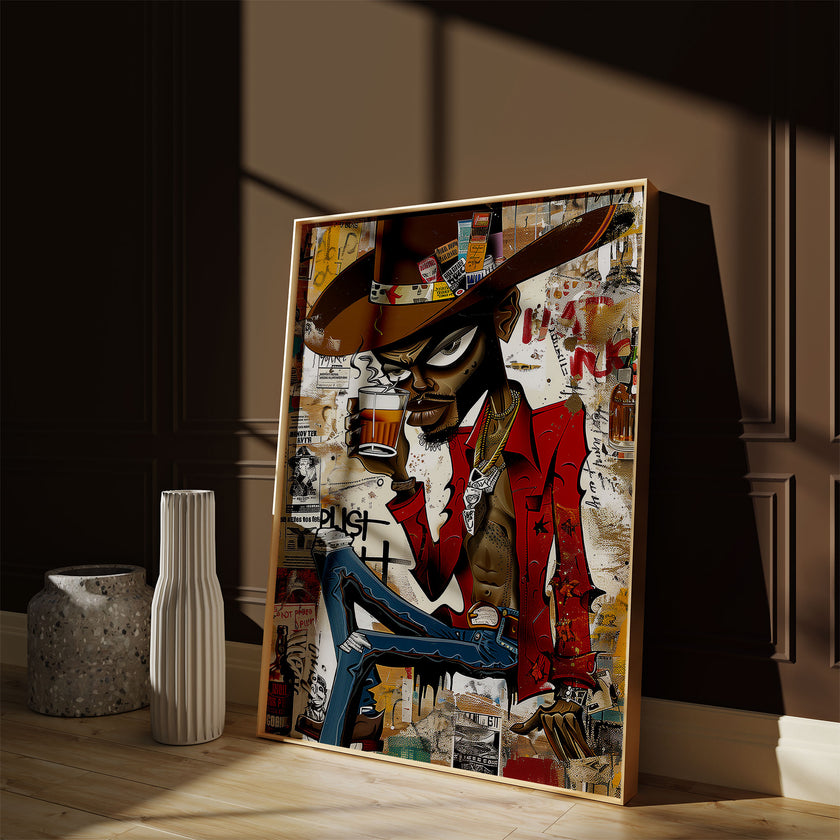 Cartoon Character Urban Black Cowboy Pop Art Print featuring an African American cowboy drinking whiskey. Afrocentric urban Western wall art in bold graffiti-inspired colors and textures.