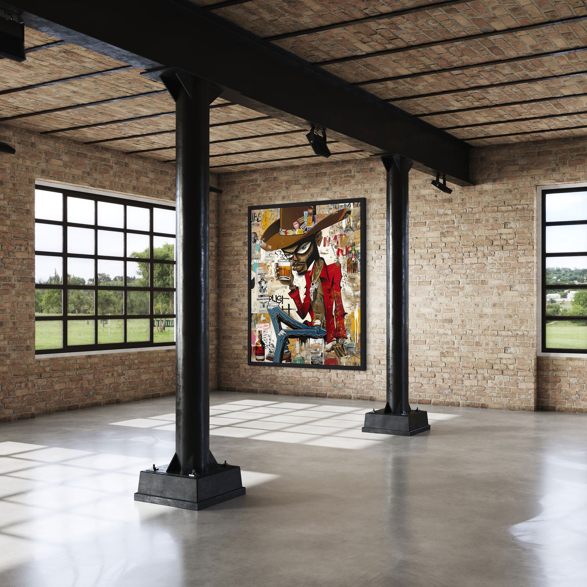 Cartoon Character Urban Black Cowboy Pop Art Print featuring an African American cowboy drinking whiskey. Afrocentric urban Western wall art in bold graffiti-inspired colors and textures.