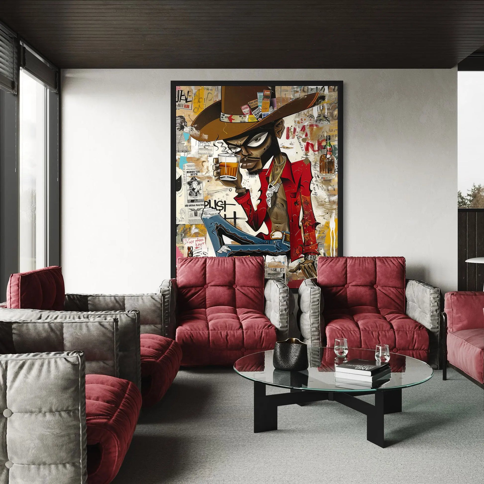 Cartoon Character Urban Black Cowboy Pop Art Print featuring an African American cowboy drinking whiskey. Afrocentric urban Western wall art in bold graffiti-inspired colors and textures.