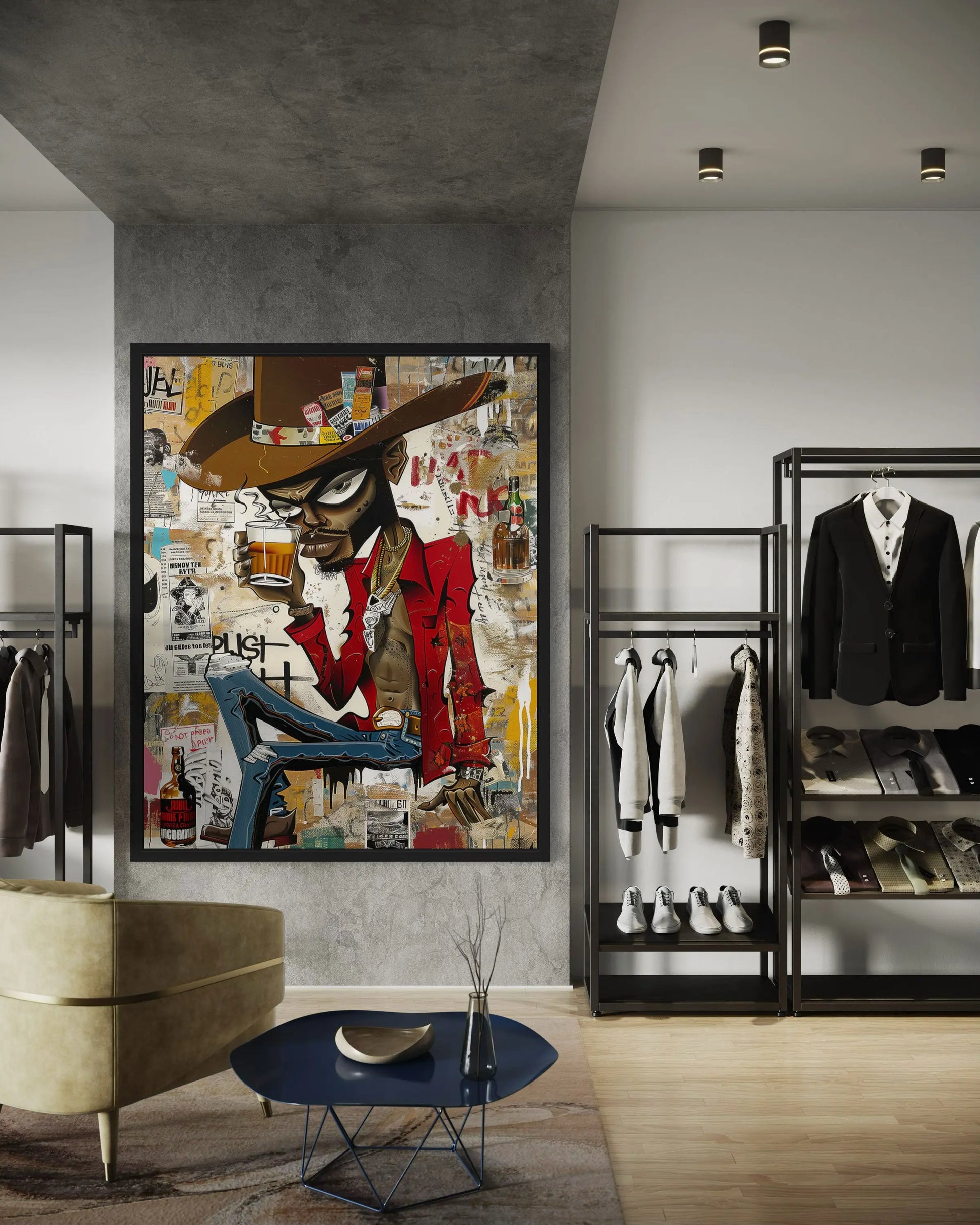 Cartoon Character Urban Black Cowboy Pop Art Print featuring an African American cowboy drinking whiskey. Afrocentric urban Western wall art in bold graffiti-inspired colors and textures.