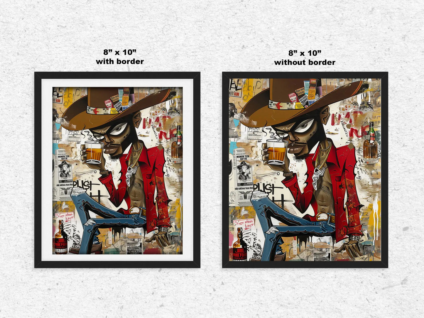 Cartoon Character Urban Black Cowboy Pop Art Print featuring an African American cowboy drinking whiskey. Afrocentric urban Western wall art in bold graffiti-inspired colors and textures.