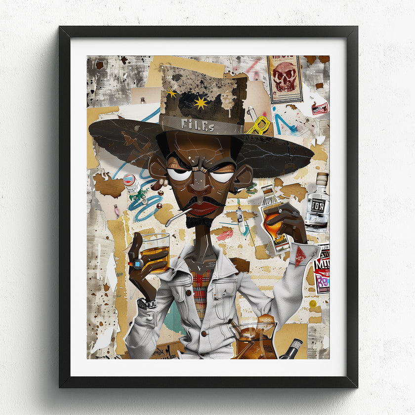 Afrocentric Black Cowboy Pop Art Print featuring an African American cowboy in cartoon style, drinking whiskey and smoking a cigarette. Afrocentric urban Western wall art in bold graffiti-inspired colors and textures.