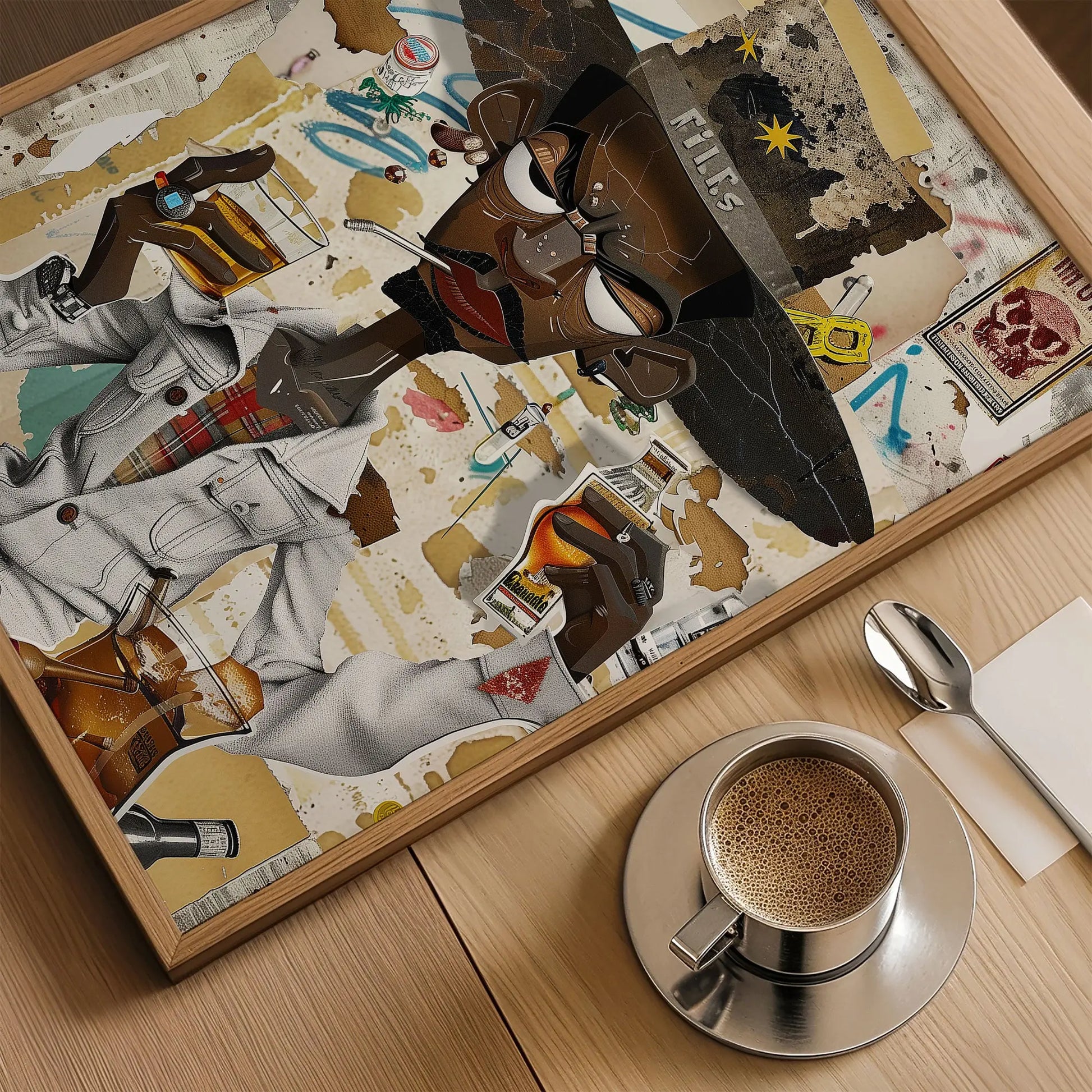 Afrocentric Black Cowboy Pop Art Print featuring an African American cowboy in cartoon style, drinking whiskey and smoking a cigarette. Afrocentric urban Western wall art in bold graffiti-inspired colors and textures.