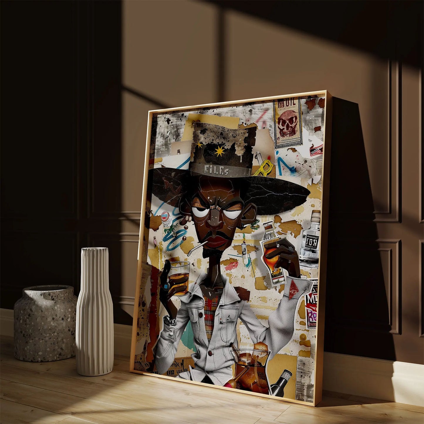 Afrocentric Black Cowboy Pop Art Print featuring an African American cowboy in cartoon style, drinking whiskey and smoking a cigarette. Afrocentric urban Western wall art in bold graffiti-inspired colors and textures.