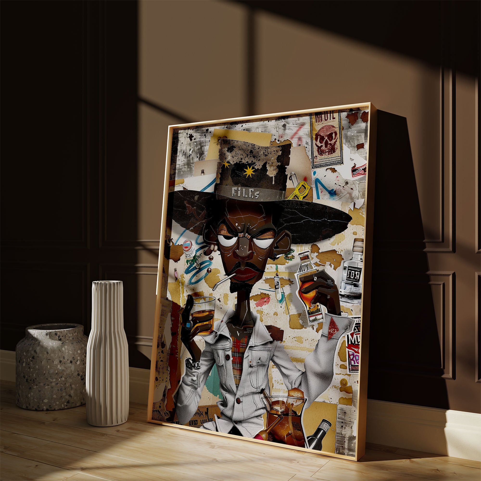 Afrocentric Black Cowboy Pop Art Print featuring an African American cowboy in cartoon style, drinking whiskey and smoking a cigarette. Afrocentric urban Western wall art in bold graffiti-inspired colors and textures.