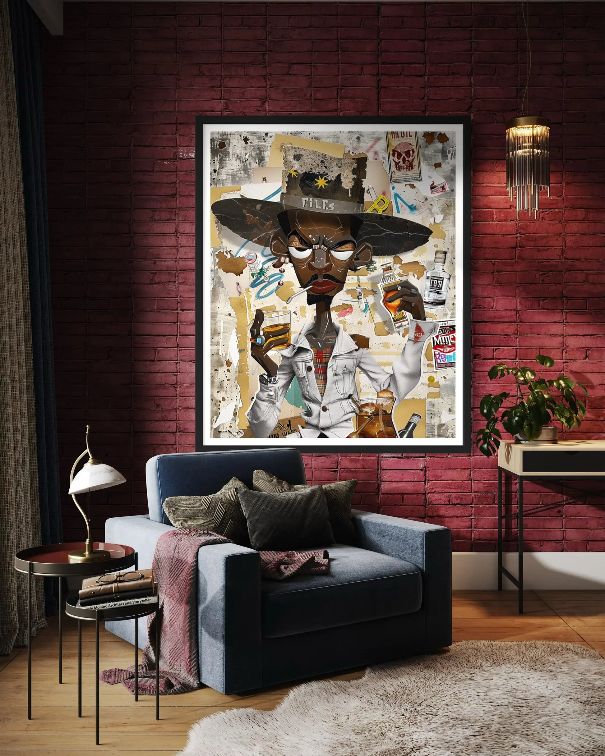 Afrocentric Black Cowboy Pop Art Print featuring an African American cowboy in cartoon style, drinking whiskey and smoking a cigarette. Afrocentric urban Western wall art in bold graffiti-inspired colors and textures.