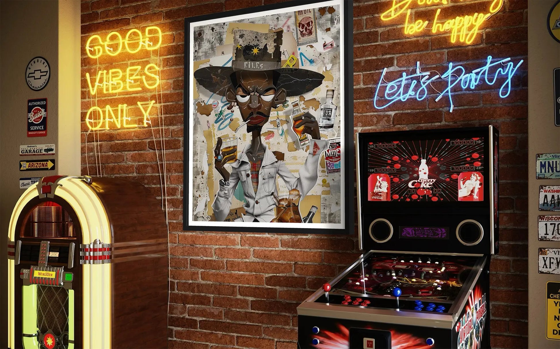 Afrocentric Black Cowboy Pop Art Print featuring an African American cowboy in cartoon style, drinking whiskey and smoking a cigarette. Afrocentric urban Western wall art in bold graffiti-inspired colors and textures.