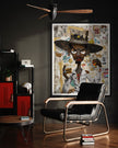 Afrocentric Black Cowboy Pop Art Print featuring an African American cowboy in cartoon style, drinking whiskey and smoking a cigarette. Afrocentric urban Western wall art in bold graffiti-inspired colors and textures.