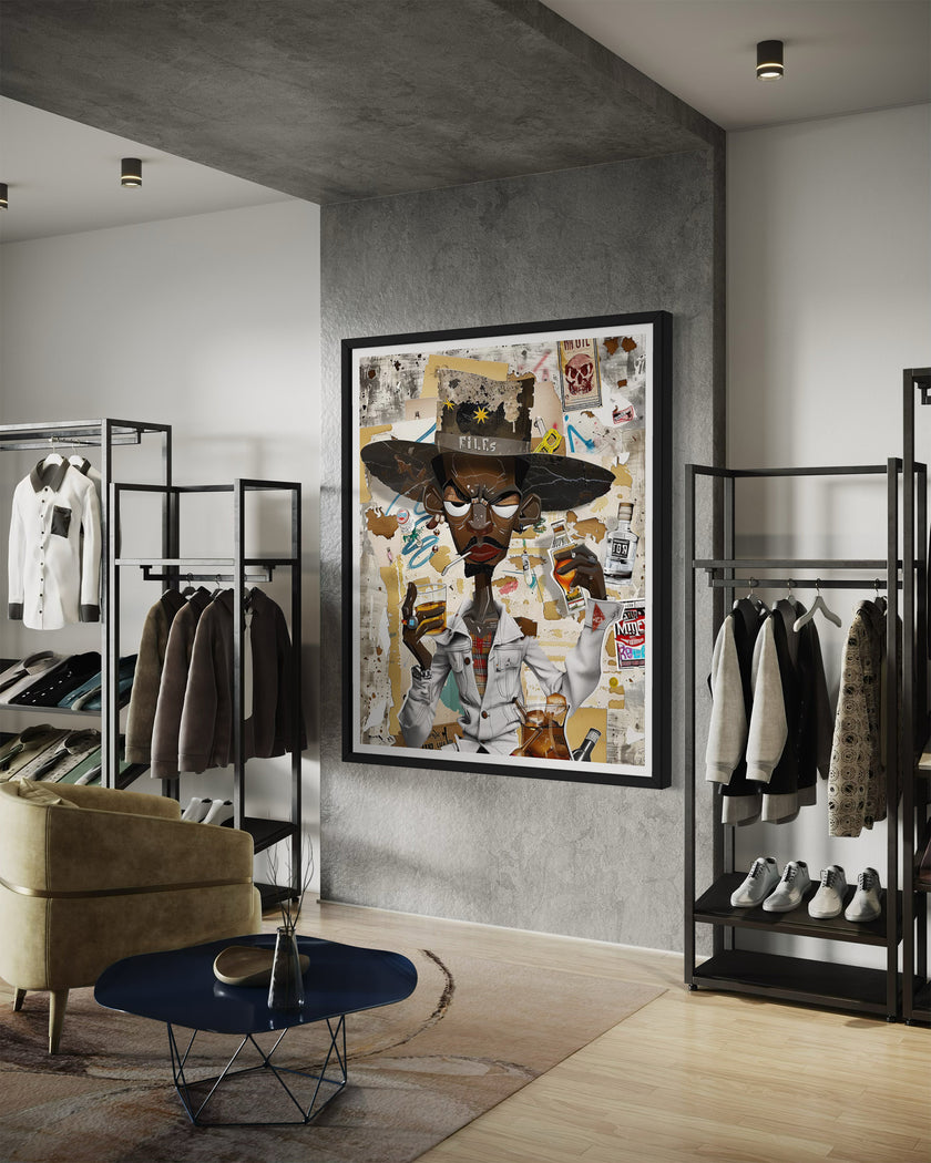 Afrocentric Black Cowboy Pop Art Print featuring an African American cowboy in cartoon style, drinking whiskey and smoking a cigarette. Afrocentric urban Western wall art in bold graffiti-inspired colors and textures.