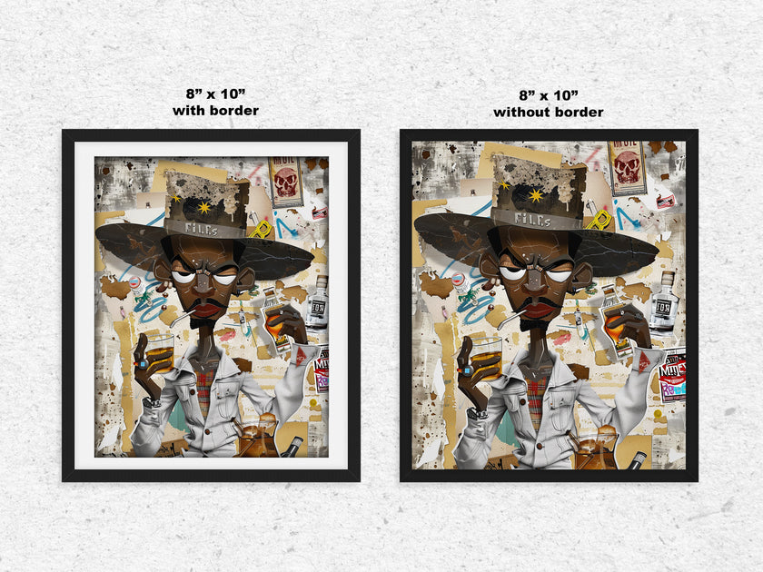 Afrocentric Black Cowboy Pop Art Print featuring an African American cowboy in cartoon style, drinking whiskey and smoking a cigarette. Afrocentric urban Western wall art in bold graffiti-inspired colors and textures.