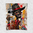 Black Cowboy Graffiti Pop Art Print featuring an African American cowboy in cartoon style, drinking whiskey and smoking a cigarette. Afrocentric urban Western wall art in bold graffiti-inspired colors and textures.