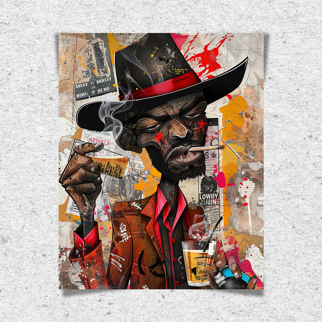 Black Cowboy Graffiti Pop Art Print featuring an African American cowboy in cartoon style, drinking whiskey and smoking a cigarette. Afrocentric urban Western wall art in bold graffiti-inspired colors and textures.