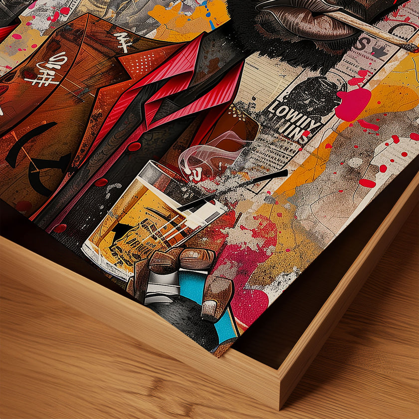 Black Cowboy Graffiti Pop Art Print featuring an African American cowboy in cartoon style, drinking whiskey and smoking a cigarette. Afrocentric urban Western wall art in bold graffiti-inspired colors and textures.