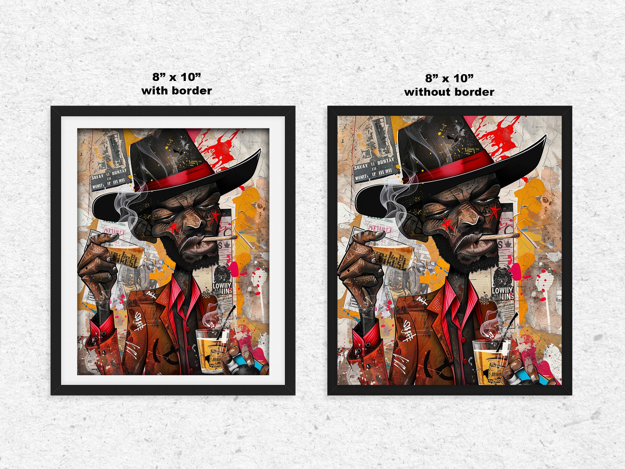 Black Cowboy Graffiti Pop Art Print featuring an African American cowboy in cartoon style, drinking whiskey and smoking a cigarette. Afrocentric urban Western wall art in bold graffiti-inspired colors and textures.