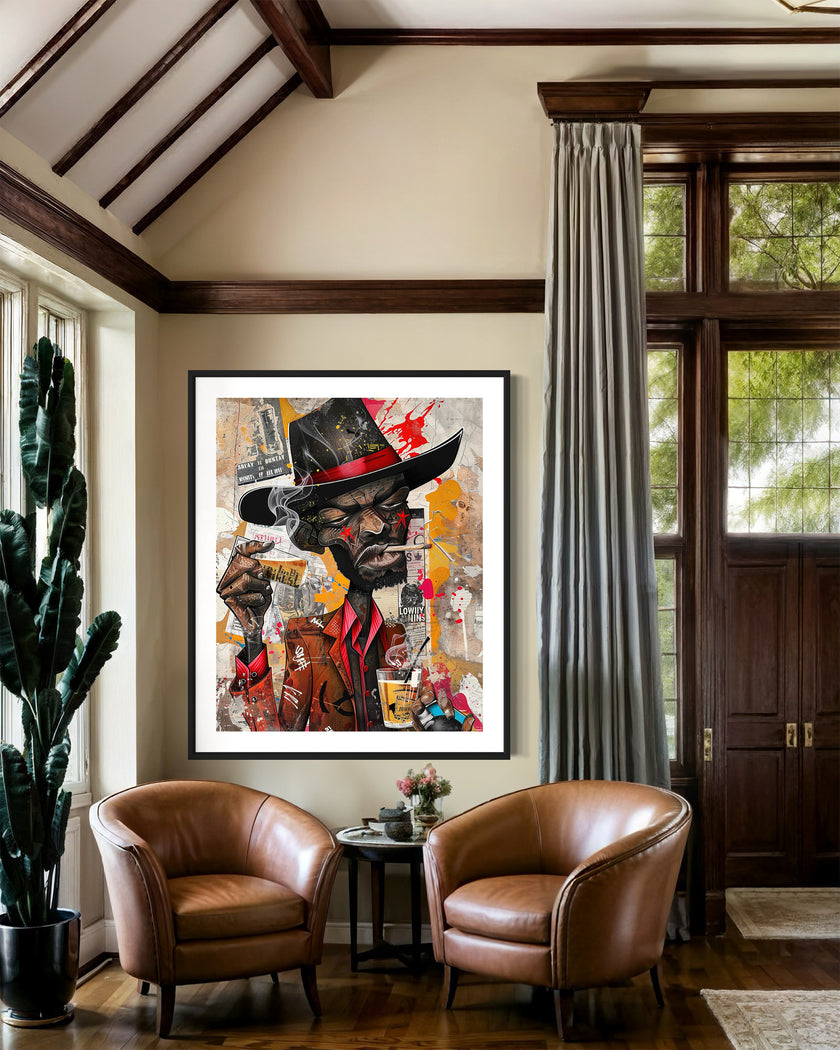 Black Cowboy Graffiti Pop Art Print featuring an African American cowboy in cartoon style, drinking whiskey and smoking a cigarette. Afrocentric urban Western wall art in bold graffiti-inspired colors and textures.