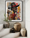 Black Cowboy Graffiti Pop Art Print featuring an African American cowboy in cartoon style, drinking whiskey and smoking a cigarette. Afrocentric urban Western wall art in bold graffiti-inspired colors and textures.