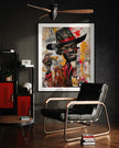 Black Cowboy Graffiti Pop Art Print featuring an African American cowboy in cartoon style, drinking whiskey and smoking a cigarette. Afrocentric urban Western wall art in bold graffiti-inspired colors and textures.