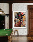 Black Cowboy Graffiti Pop Art Print featuring an African American cowboy in cartoon style, drinking whiskey and smoking a cigarette. Afrocentric urban Western wall art in bold graffiti-inspired colors and textures.